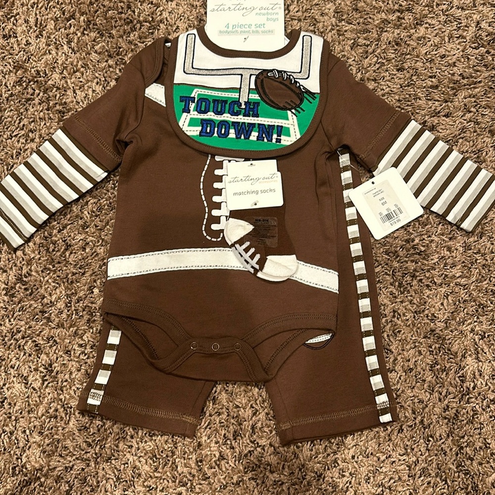 NWT Starting Out sz 6 mos football onesie set